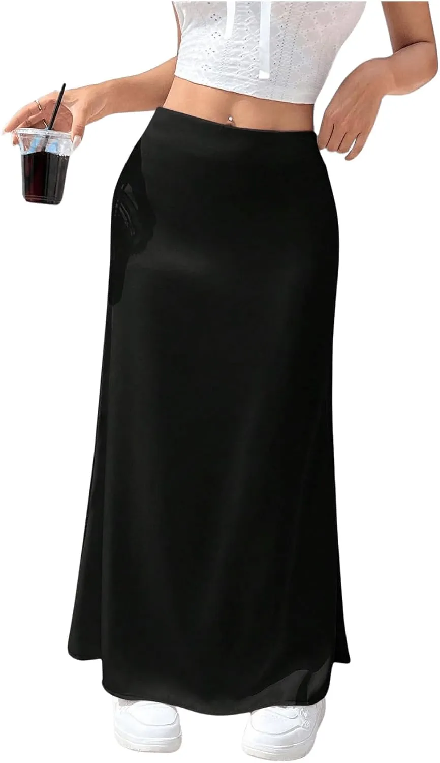 OYOANGLE Women's Satin High Waist Skirt Flowy Solid Casual Elegant Maxi Skirts