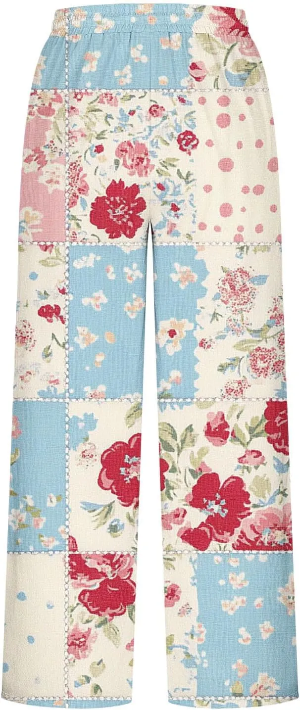 Palazzo Pants for Women Boho Printed Wide Leg High Waisted Loose Fit Drawstring with Pockets Casual Summer 2025