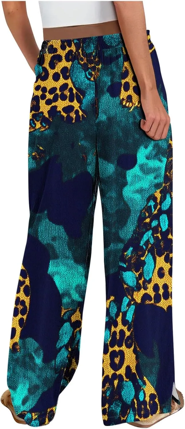 Palazzo Pants for Women Boho Printed Wide Leg High Waisted Loose Fit Drawstring with Pockets Casual Summer 2025