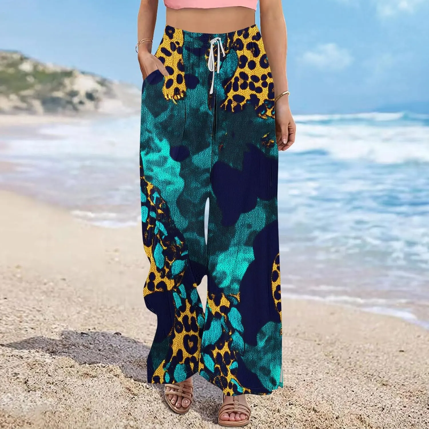 Palazzo Pants for Women Boho Printed Wide Leg High Waisted Loose Fit Drawstring with Pockets Casual Summer 2025