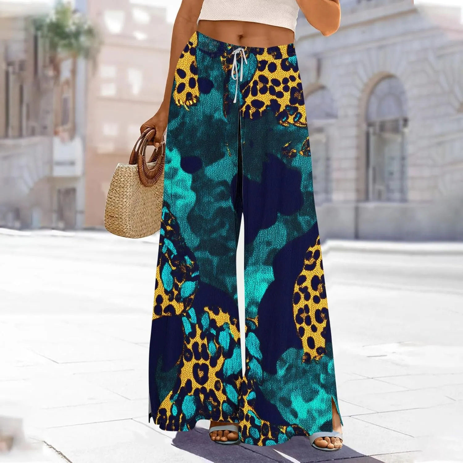 Palazzo Pants for Women Boho Printed Wide Leg High Waisted Loose Fit Drawstring with Pockets Casual Summer 2025