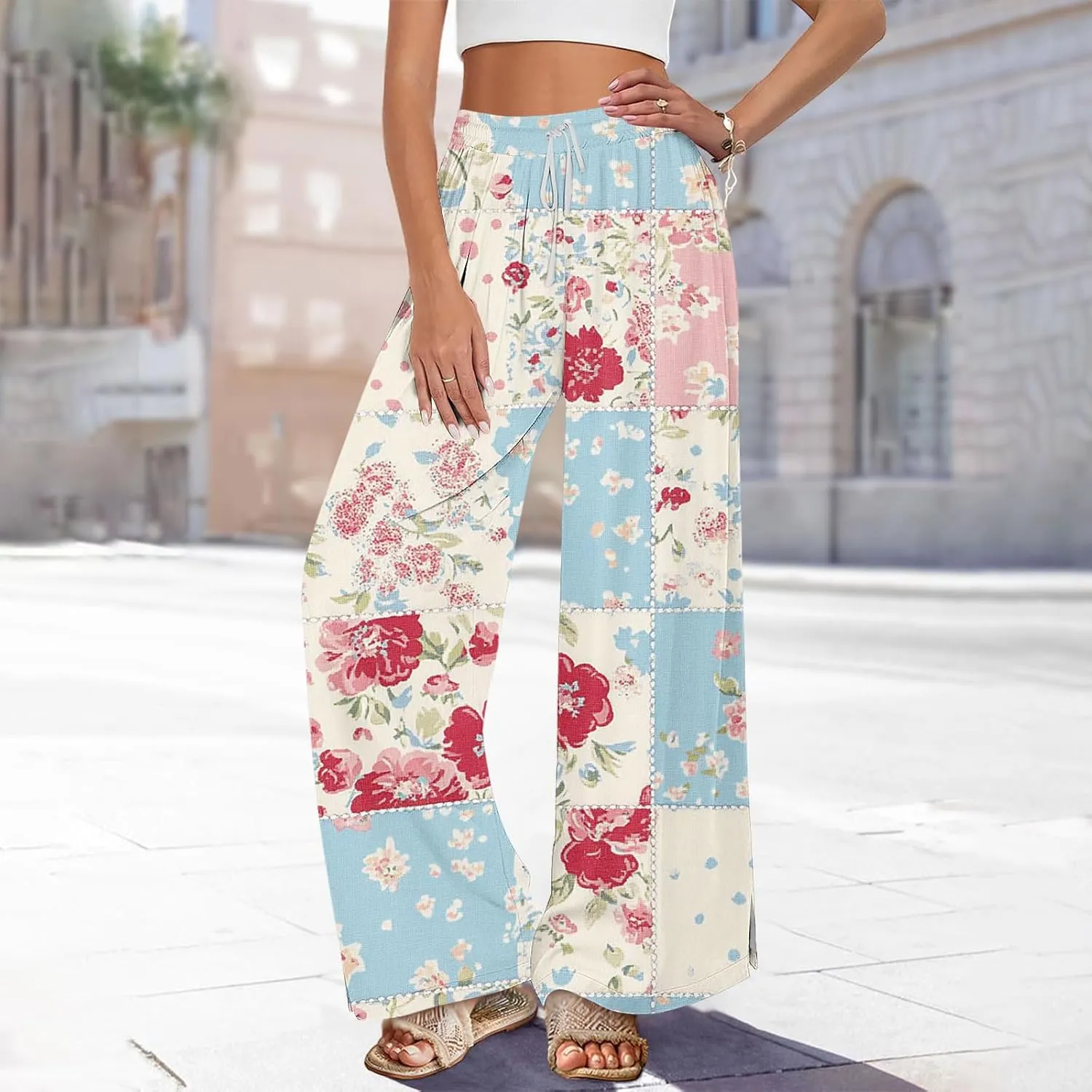 Palazzo Pants for Women Boho Printed Wide Leg High Waisted Loose Fit Drawstring with Pockets Casual Summer 2025