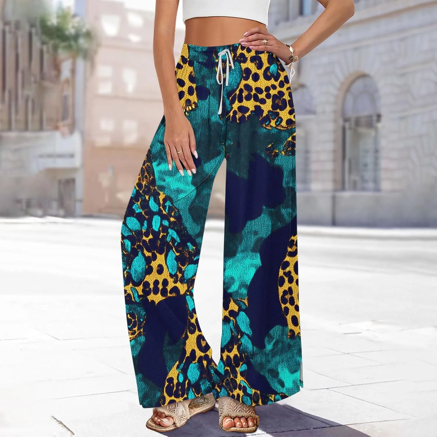 Palazzo Pants for Women Boho Printed Wide Leg High Waisted Loose Fit Drawstring with Pockets Casual Summer 2025