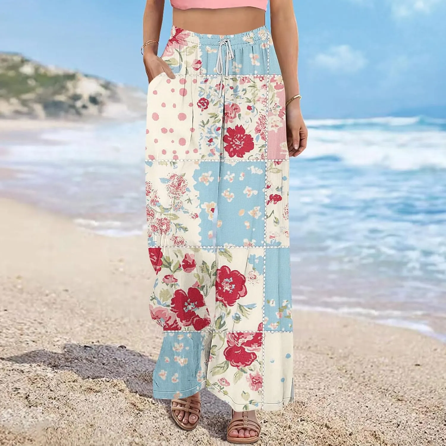 Palazzo Pants for Women Boho Printed Wide Leg High Waisted Loose Fit Drawstring with Pockets Casual Summer 2025