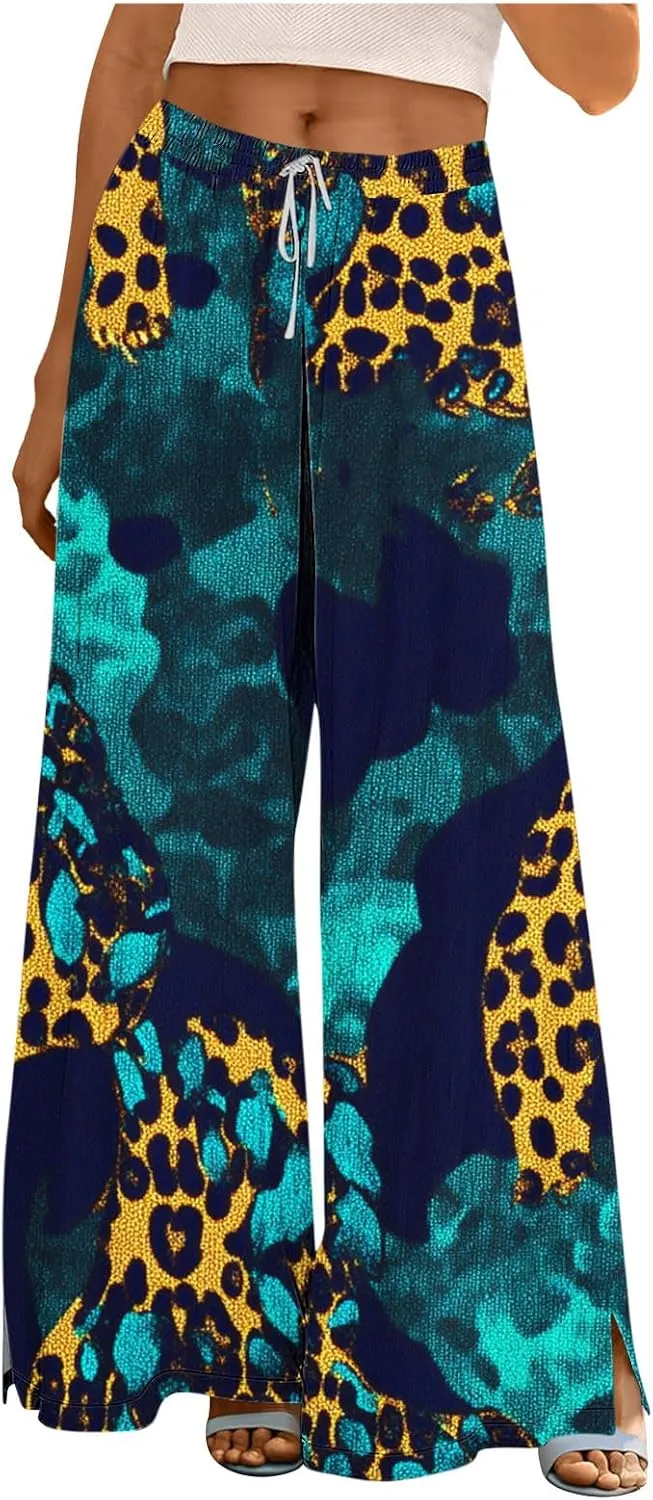 Palazzo Pants for Women Boho Printed Wide Leg High Waisted Loose Fit Drawstring with Pockets Casual Summer 2025