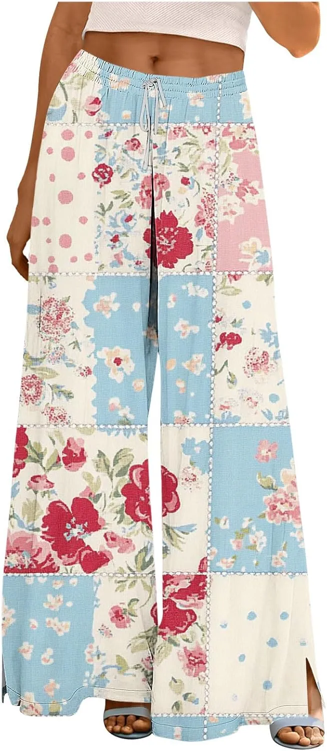 Palazzo Pants for Women Boho Printed Wide Leg High Waisted Loose Fit Drawstring with Pockets Casual Summer 2025