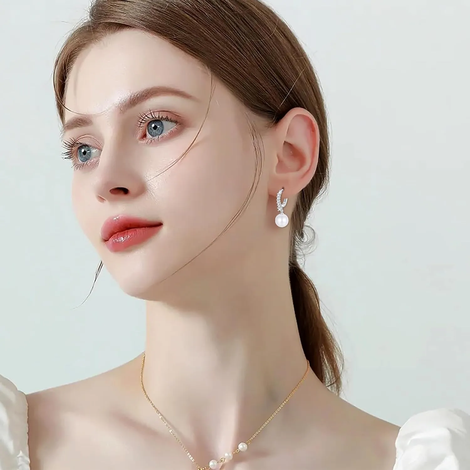 Pearl Earrings for Women 925 Sterling Silver White Gold Pearl Drop Earrings Dangle Cubic Zirconia Large Size 12mm 10mm for Mother