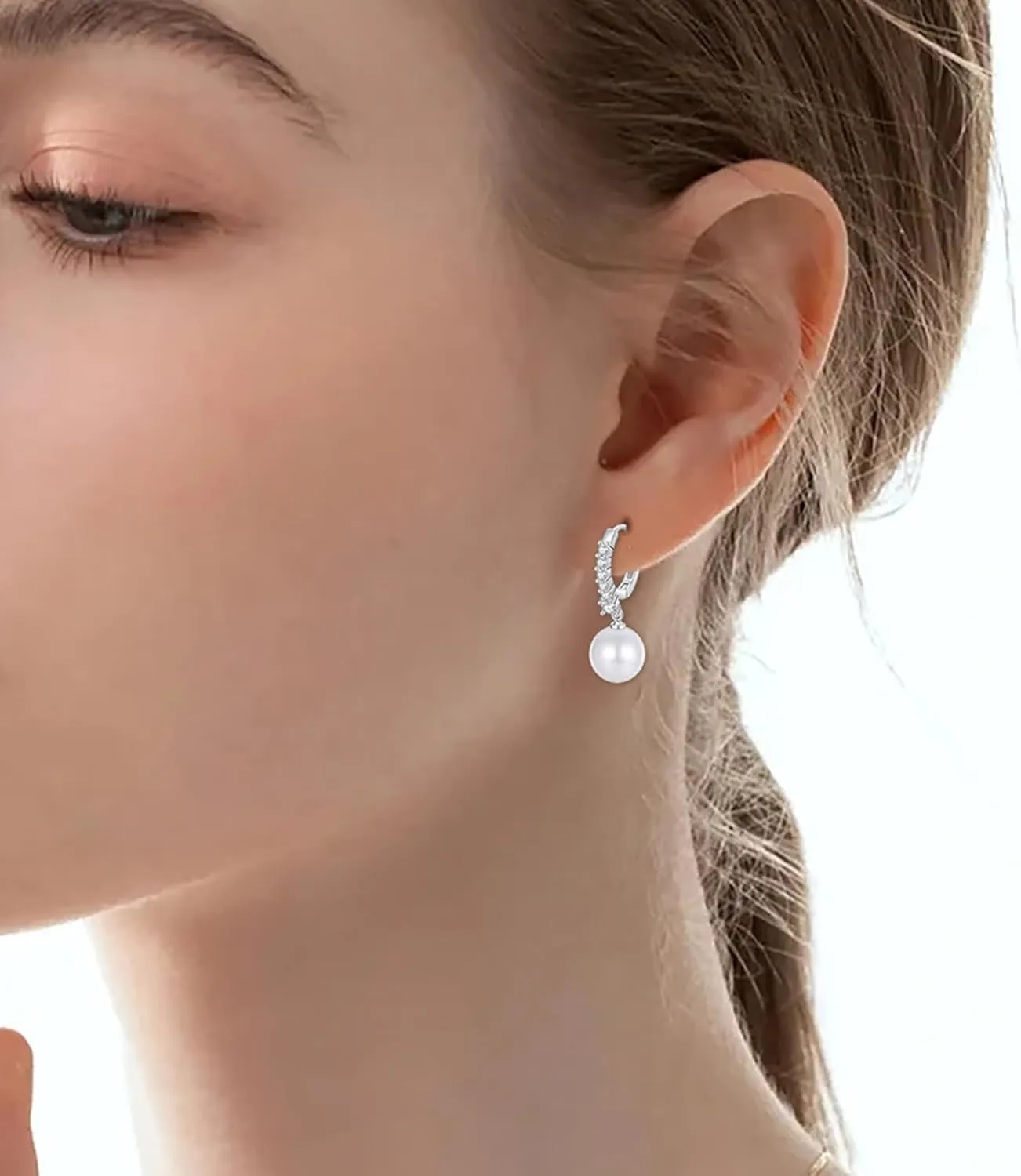 Pearl Earrings for Women 925 Sterling Silver White Gold Pearl Drop Earrings Dangle Cubic Zirconia Large Size 12mm 10mm for Mother