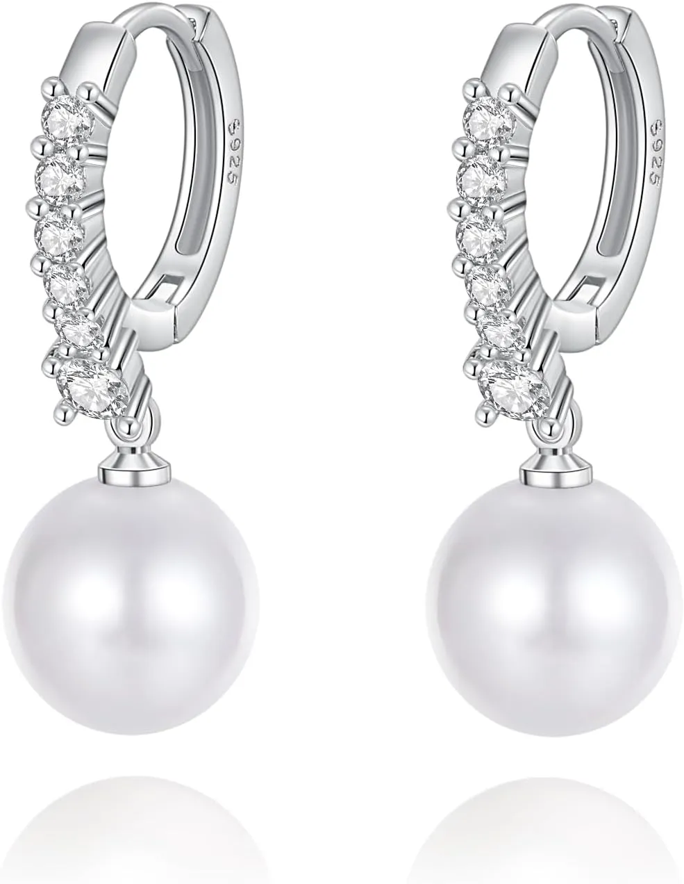 Pearl Earrings for Women 925 Sterling Silver White Gold Pearl Drop Earrings Dangle Cubic Zirconia Large Size 12mm 10mm for Mother