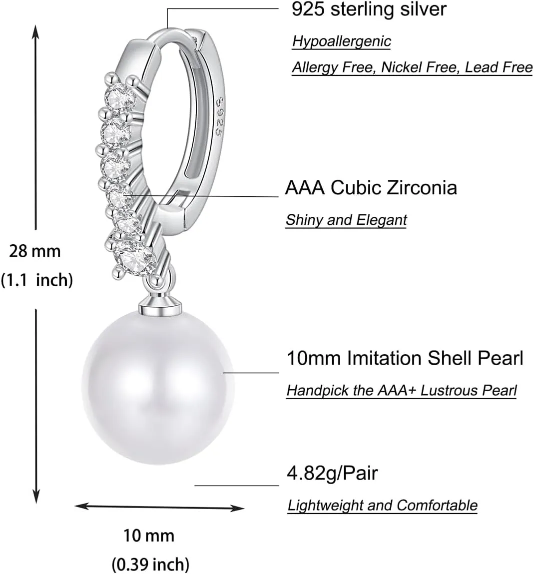 Pearl Earrings for Women 925 Sterling Silver White Gold Pearl Drop Earrings Dangle Cubic Zirconia Large Size 12mm 10mm for Mother
