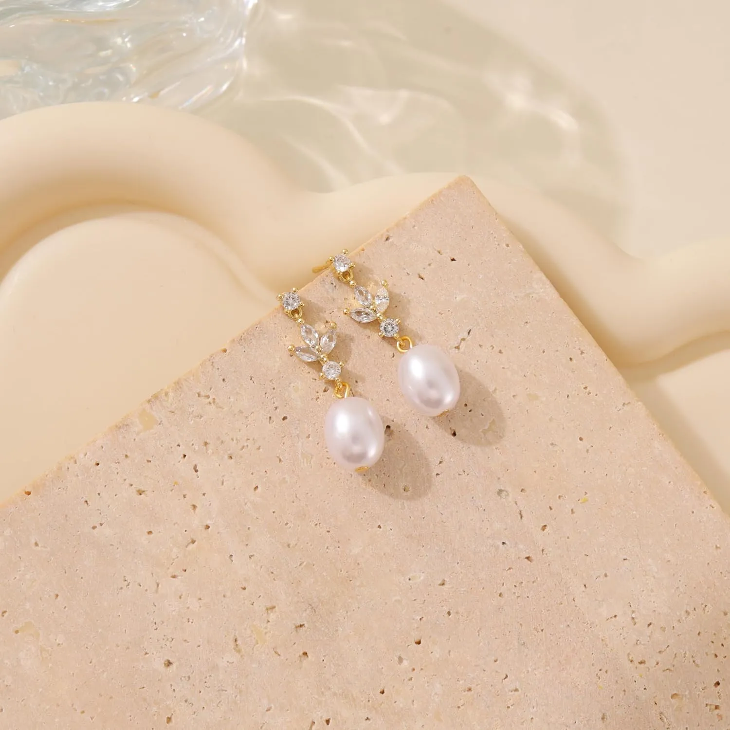 Pearl Earrings for Women - Dainty Gold Dangle Drop Earrings, 14k Gold Plated Cute Bow Design, Hypoallergenic Pearl Studs, Wedding Jewelry Gifts
