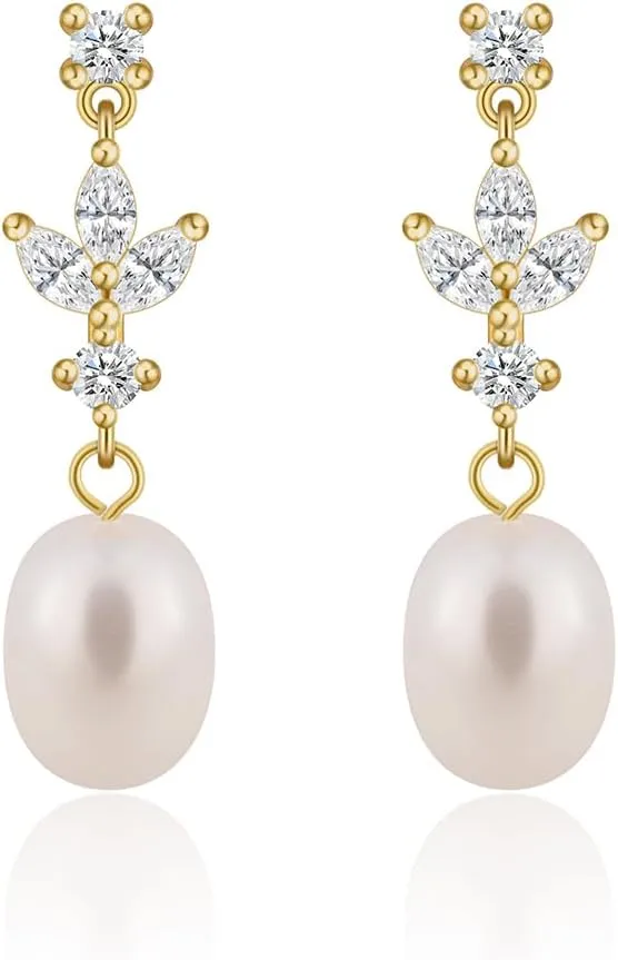 Pearl Earrings for Women - Dainty Gold Dangle Drop Earrings, 14k Gold Plated Cute Bow Design, Hypoallergenic Pearl Studs, Wedding Jewelry Gifts