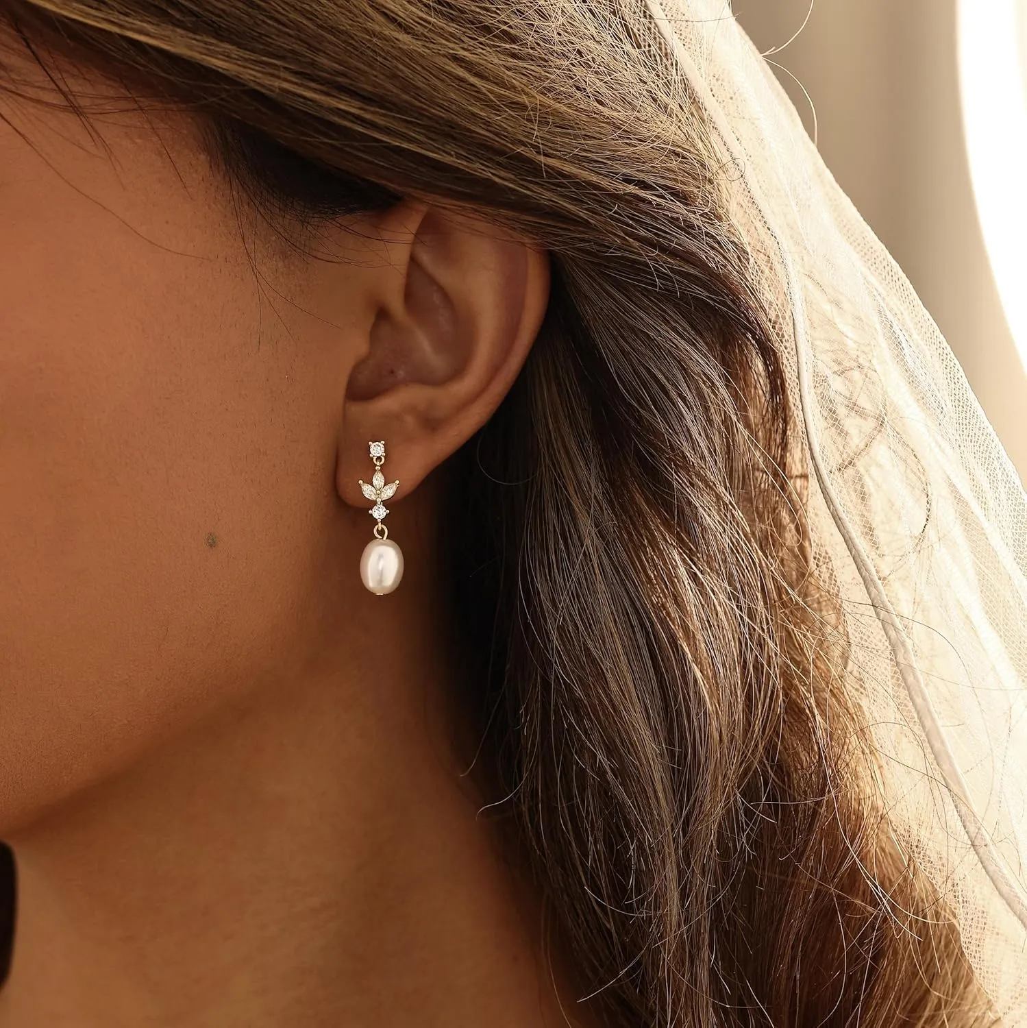 Pearl Earrings for Women - Dainty Gold Dangle Drop Earrings, 14k Gold Plated Cute Bow Design, Hypoallergenic Pearl Studs, Wedding Jewelry Gifts