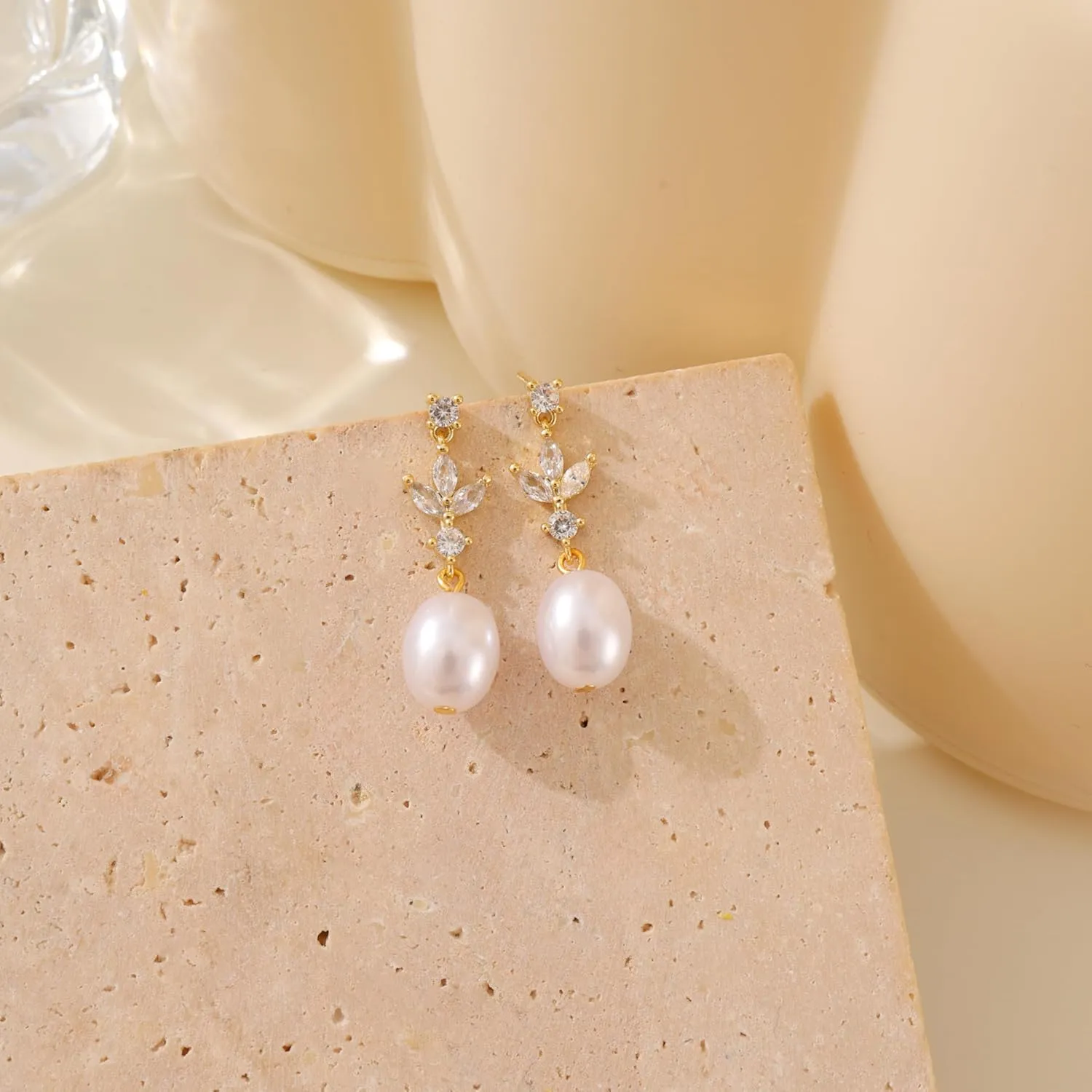 Pearl Earrings for Women - Dainty Gold Dangle Drop Earrings, 14k Gold Plated Cute Bow Design, Hypoallergenic Pearl Studs, Wedding Jewelry Gifts