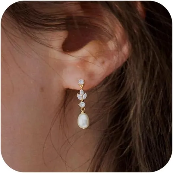 Pearl Earrings for Women - Dainty Gold Dangle Drop Earrings, 14k Gold Plated Cute Bow Design, Hypoallergenic Pearl Studs, Wedding Jewelry Gifts