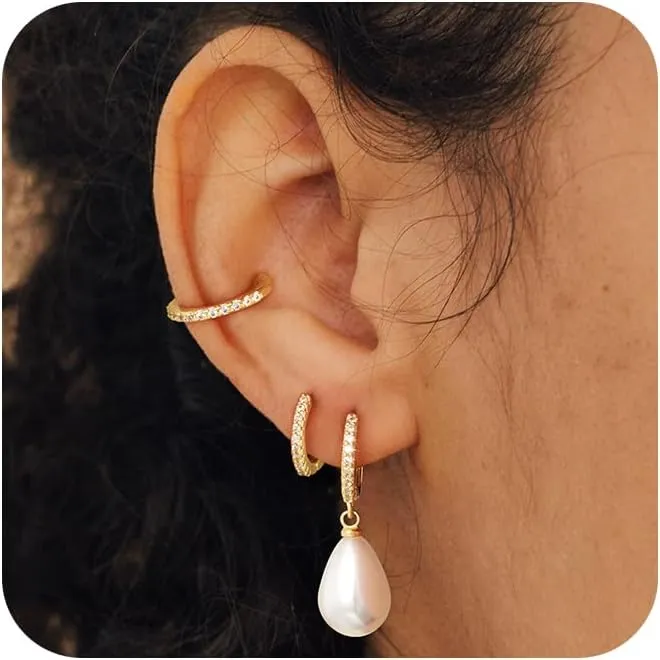 Pearl Earrings for Women, Trendy Pearl Ear Cuff Earring Set 14K Gold Plated Hypoallergenic Cartilage Earrings Small Gold Drop Hoop Huggie Earrings Diamond Stud Earrings Piercing Jewelry Gift