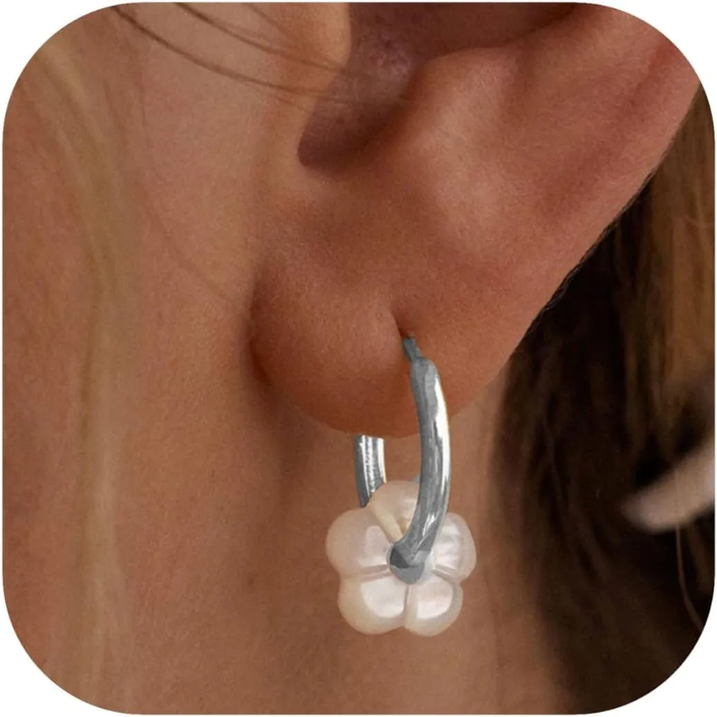 Pearl Flower Drop Huggie Earrings For Women Dangle Minimalist 14K Gold Plated Statement Wedding Brides Hoop Earring Dainty Jewelry Gifts