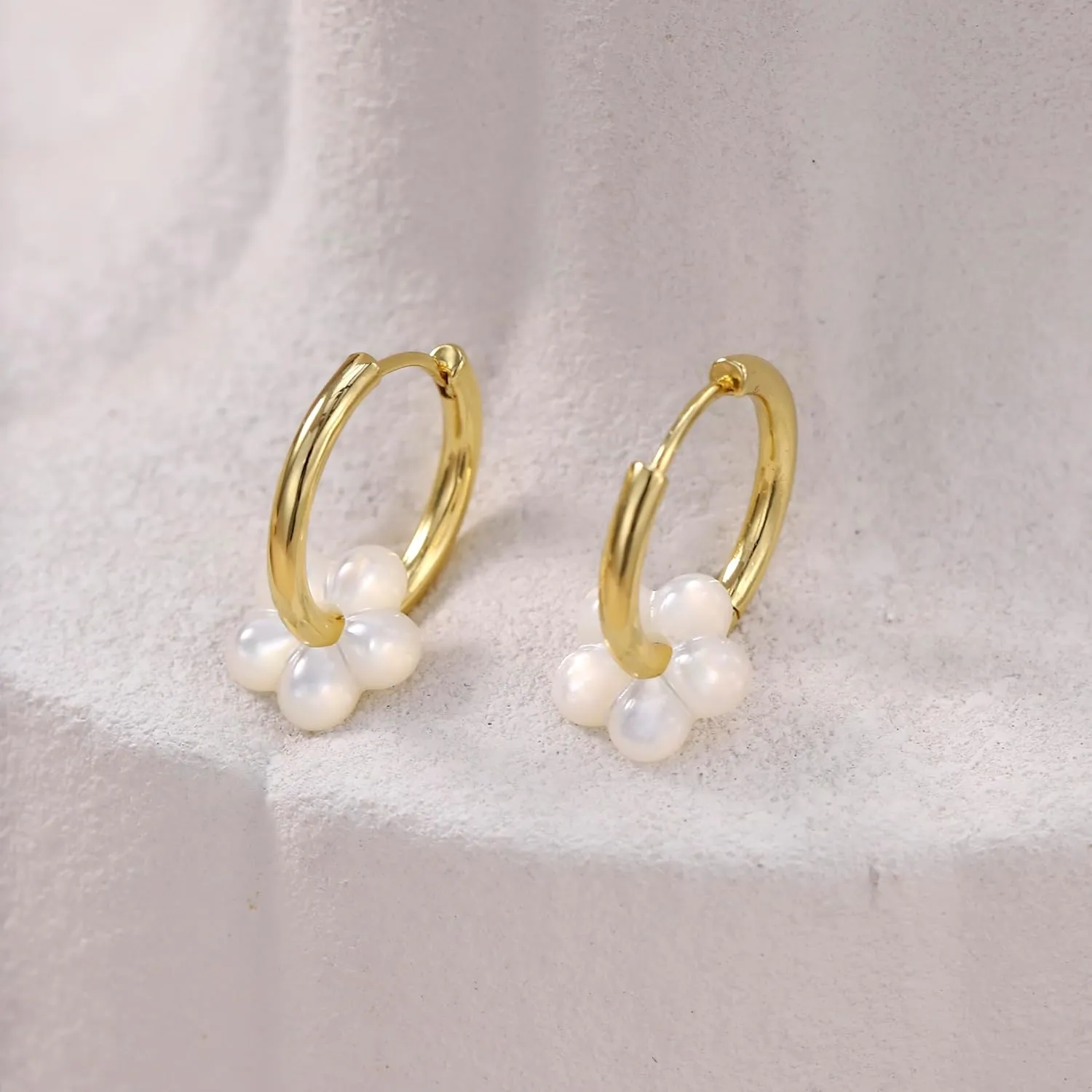 Pearl Flower Drop Huggie Earrings For Women Dangle Minimalist 14K Gold Plated Statement Wedding Brides Hoop Earring Dainty Jewelry Gifts
