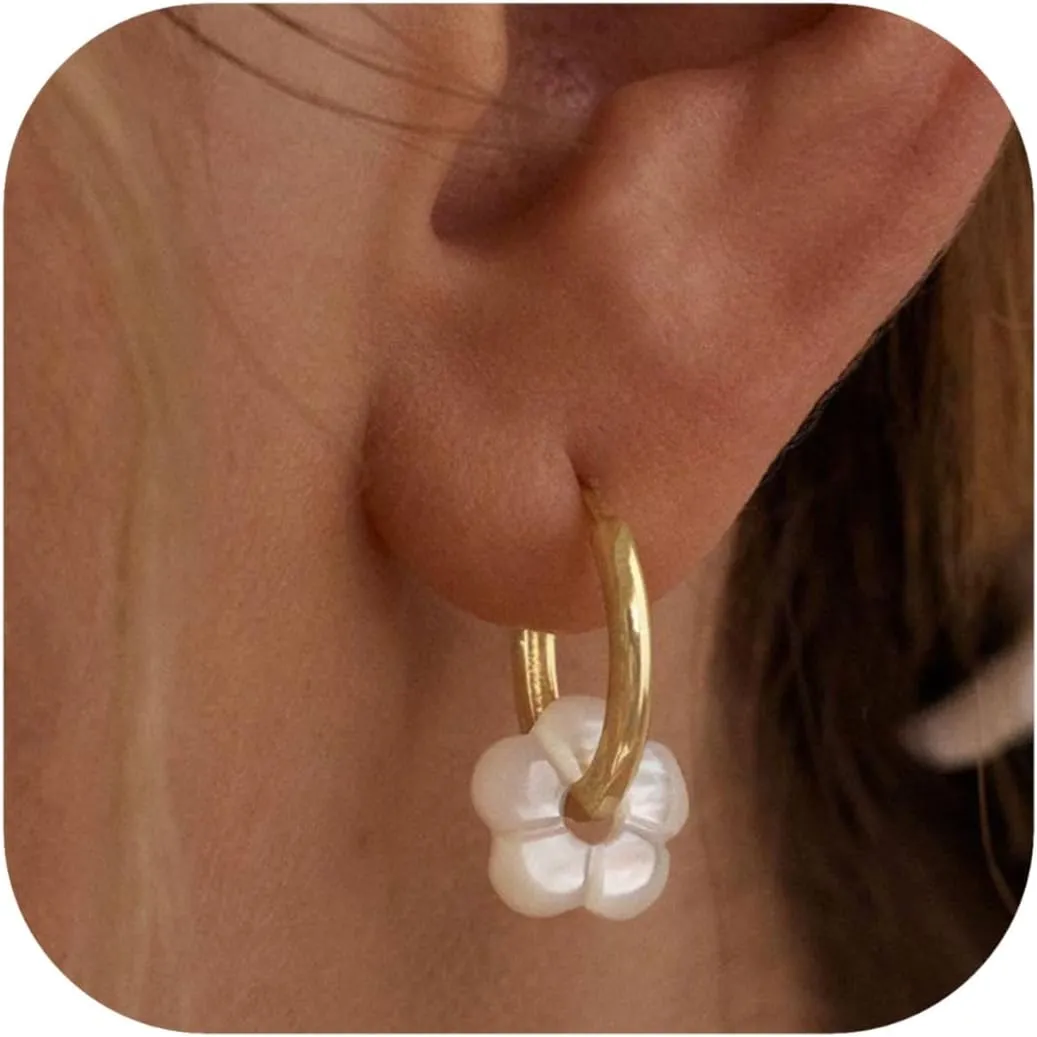 Pearl Flower Drop Huggie Earrings For Women Dangle Minimalist 14K Gold Plated Statement Wedding Brides Hoop Earring Dainty Jewelry Gifts
