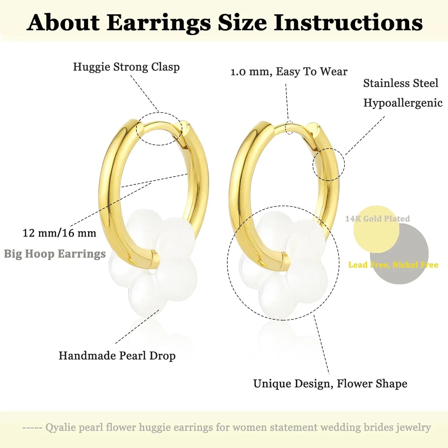 Pearl Flower Drop Huggie Earrings For Women Dangle Minimalist 14K Gold Plated Statement Wedding Brides Hoop Earring Dainty Jewelry Gifts