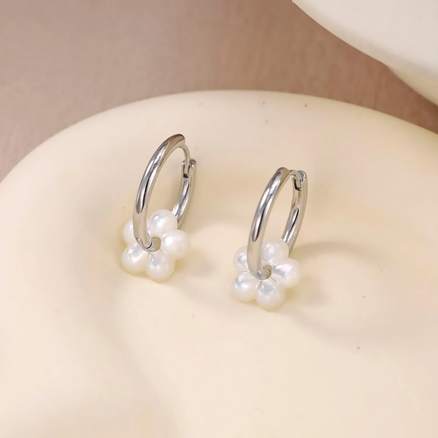 Pearl Flower Drop Huggie Earrings For Women Dangle Minimalist 14K Gold Plated Statement Wedding Brides Hoop Earring Dainty Jewelry Gifts