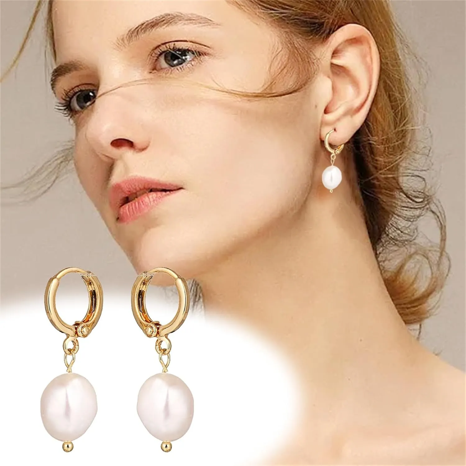 Pearl Hoop Earrings for Women, Trendy 14k Gold Plated Pearl Dangle Drop Hoop Earrings Dangle Huggie Earring Statement Pearl Jewelry Gifts for Women