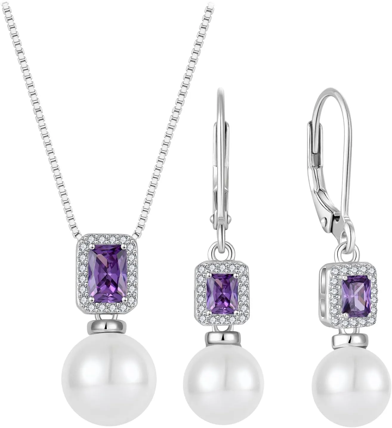 Pearl Jewelry Set 925 Sterling Silver Amethyst Necklace Earrings Emerald Cut February Birthstone Jewelry Gifts for Her