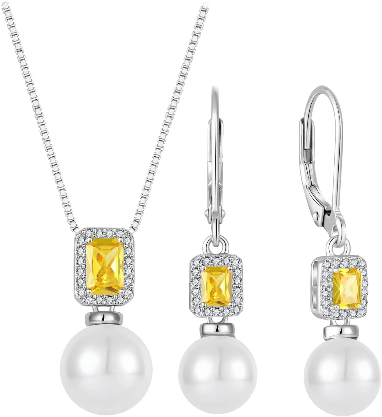 Pearl Jewelry Set 925 Sterling Silver Citrine Necklace Earrings Emerald Cut November Birthstone Jewelry Gifts for Her