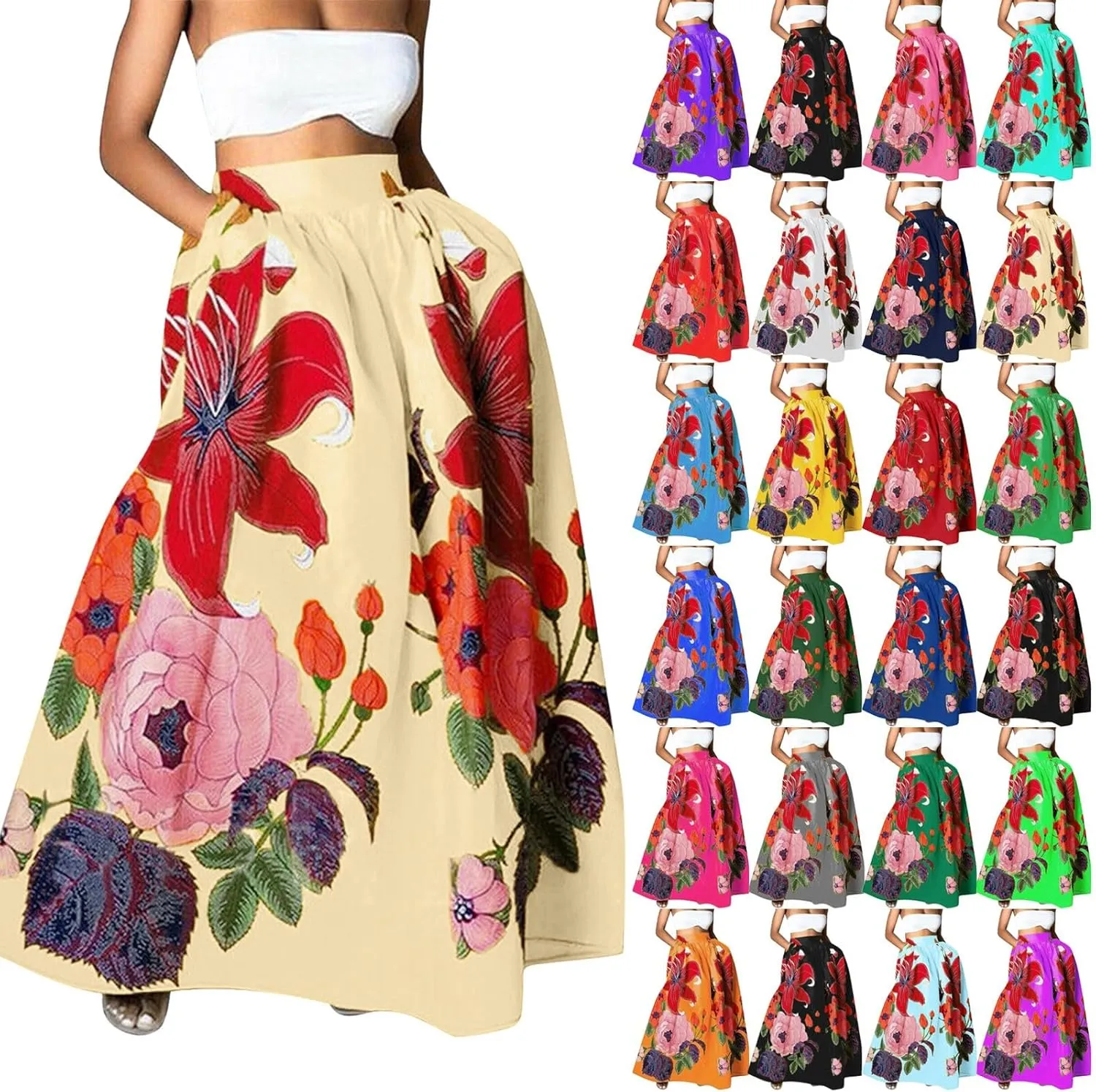 Pencil Skirt for Women Tummy Control High Waist Maxi Skirt Casual Loose Flowy Boho Party Long Women's Skirts with Pocket
