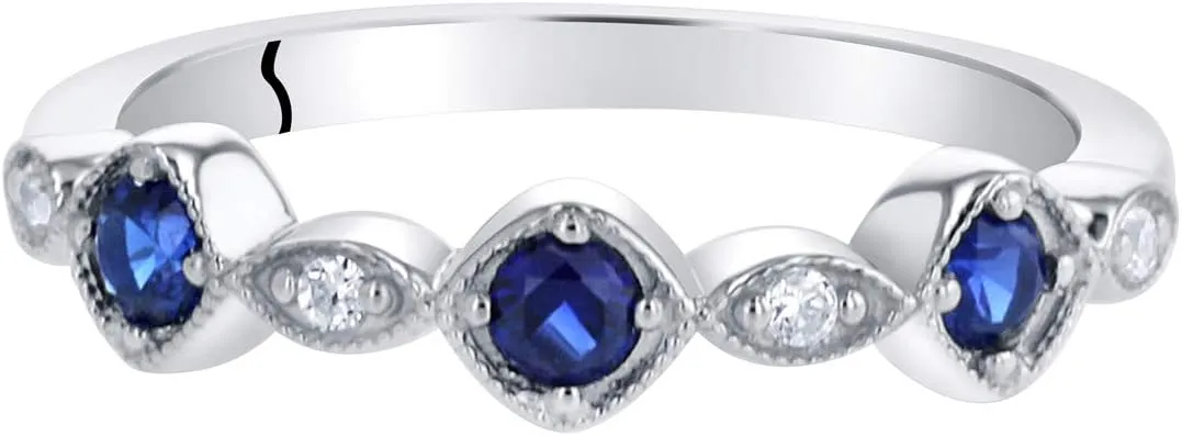 PEORA 925 Sterling Silver Stackable Ring with Created or Simulated Gemstones, 2mm Marquise and Round Band for Women, Sizes 5 to 9