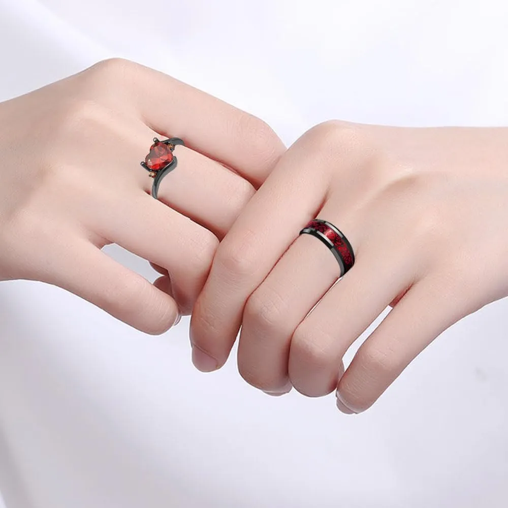 Personalized Couple Rings - His & Hers Tungsten CZ Hearts, Red & Black Celtic Dragon, Size 5-13