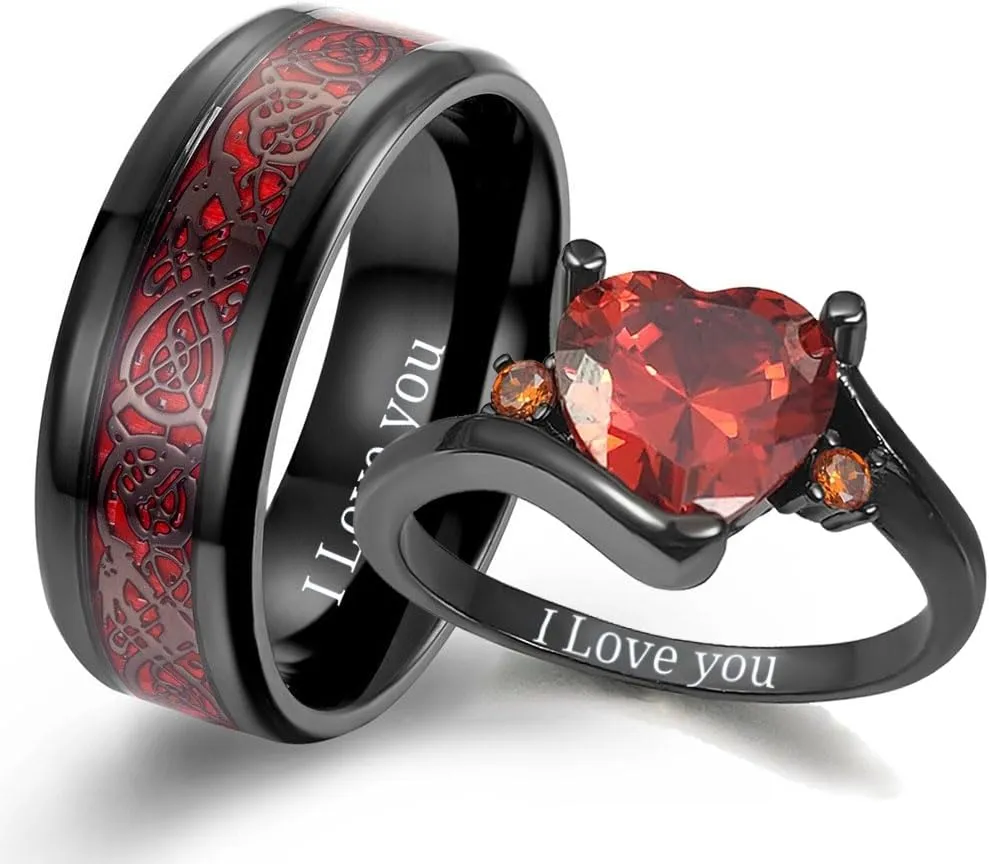 Personalized Couple Rings - His & Hers Tungsten CZ Hearts, Red & Black Celtic Dragon, Size 5-13