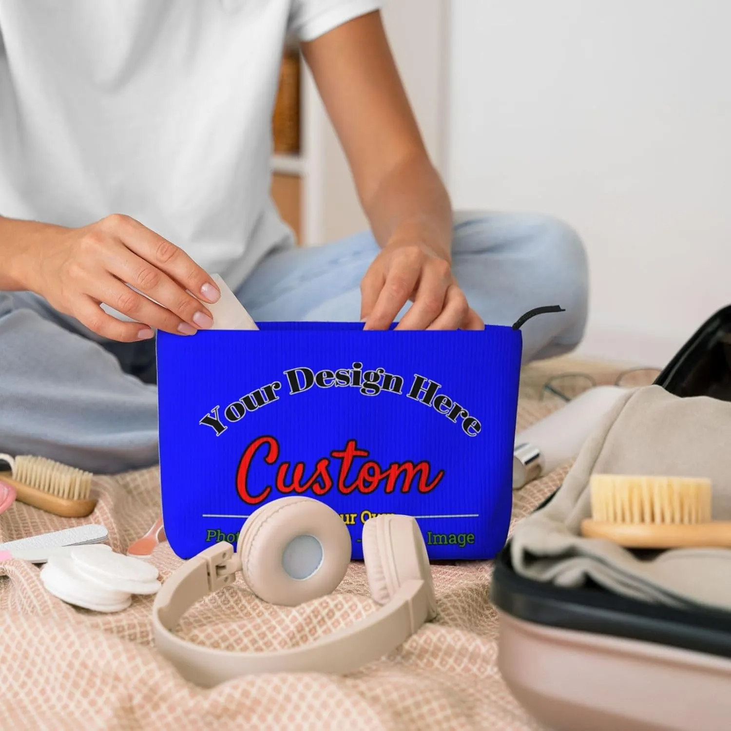 Personalized Custom Makeup Bag Add Your Own Photo Text Name Logo Image Cosmetic Bags Blue Customized Gift Women