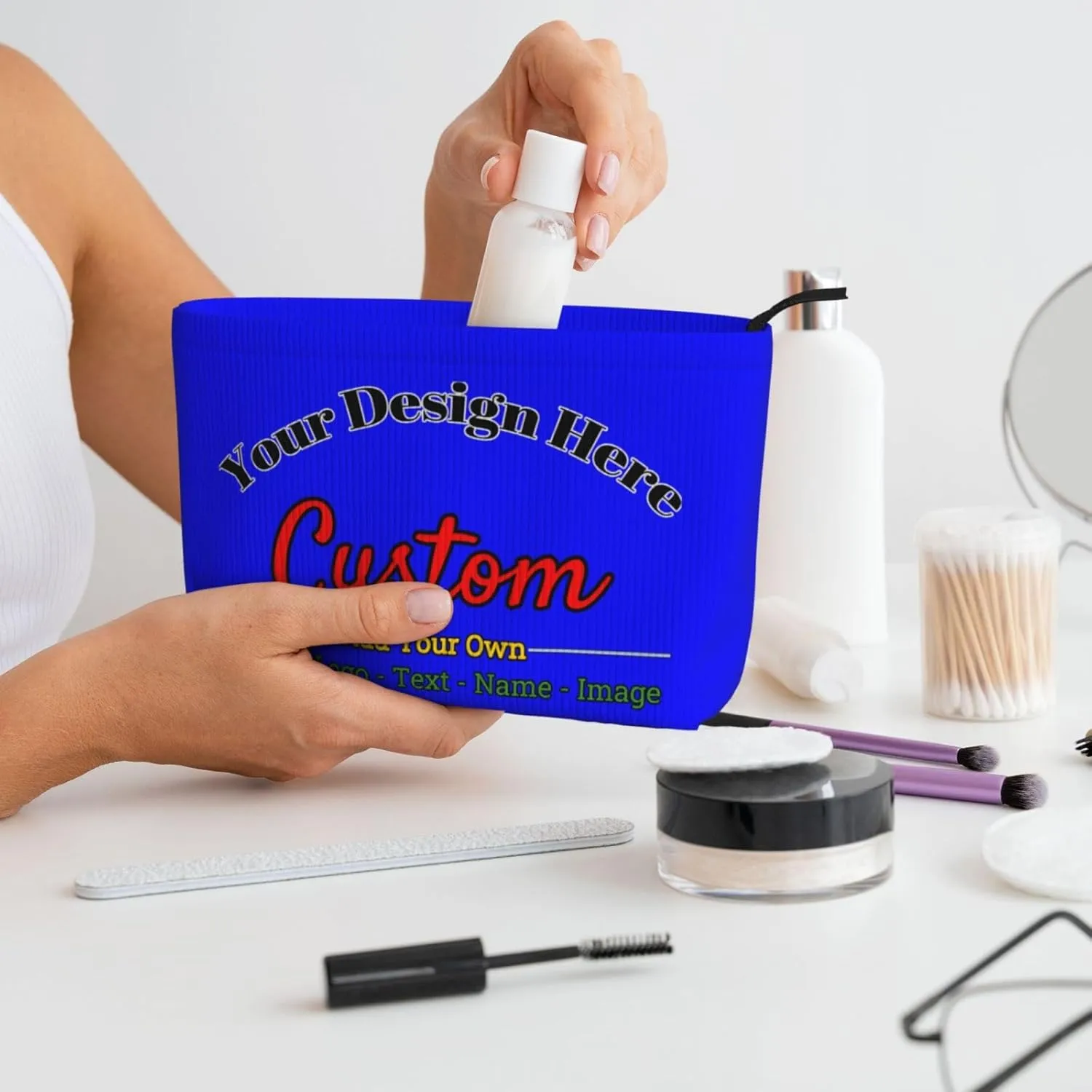 Personalized Custom Makeup Bag Add Your Own Photo Text Name Logo Image Cosmetic Bags Blue Customized Gift Women