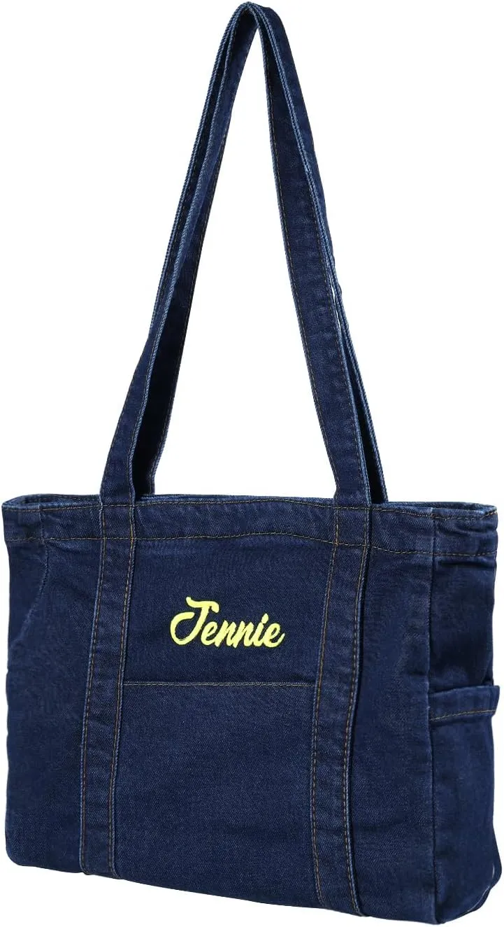 Personalized Embroidered Name Shoulder Bag for Women Denim Purses for Work Travel Shopper Shoulder Handbag