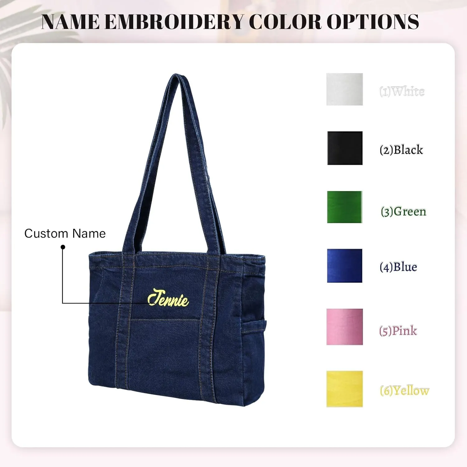 Personalized Embroidered Name Shoulder Bag for Women Denim Purses for Work Travel Shopper Shoulder Handbag