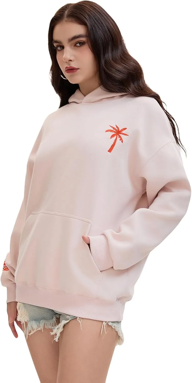 Pink Puff Hoodies,Embroidery Hibiscus Hoodies For Teen Girls Oversized Cute Sweatshirt Pink Graphic