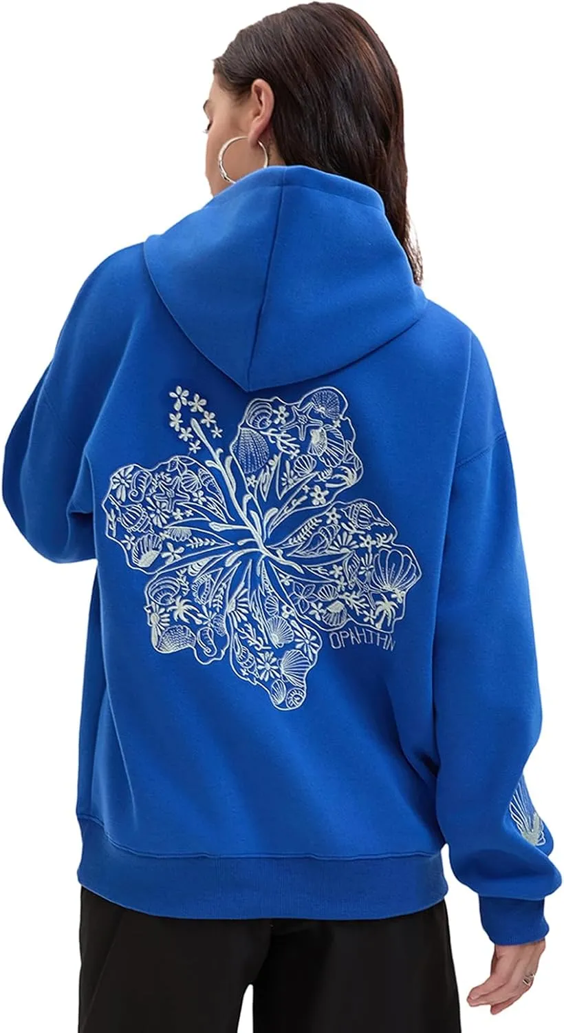 Pink Puff Hoodies,Embroidery Hibiscus Hoodies For Teen Girls Oversized Cute Sweatshirt Pink Graphic