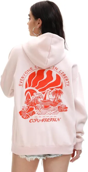 Pink Puff Hoodies,Embroidery Hibiscus Hoodies For Teen Girls Oversized Cute Sweatshirt Pink Graphic