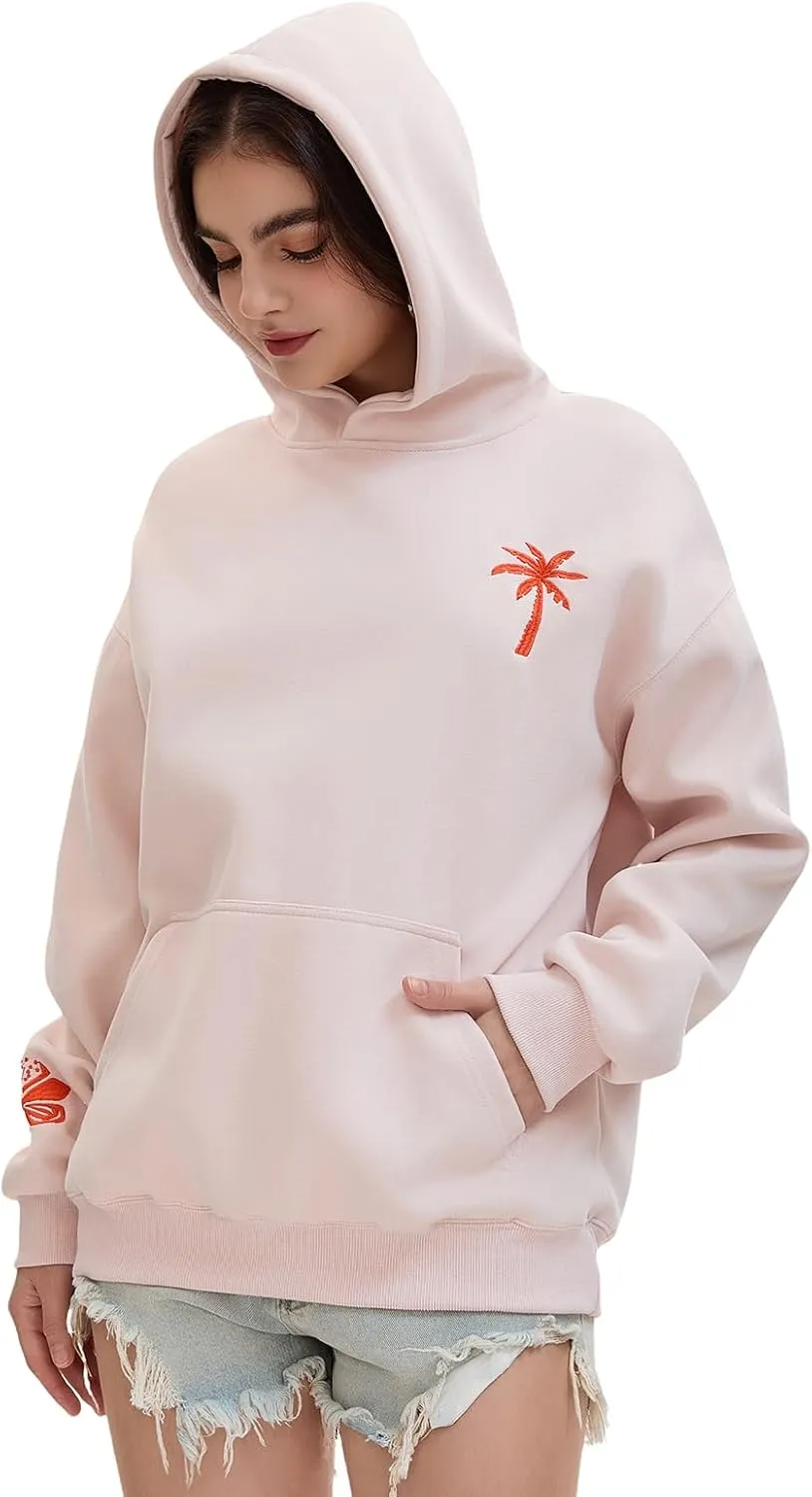 Pink Puff Hoodies,Embroidery Hibiscus Hoodies For Teen Girls Oversized Cute Sweatshirt Pink Graphic