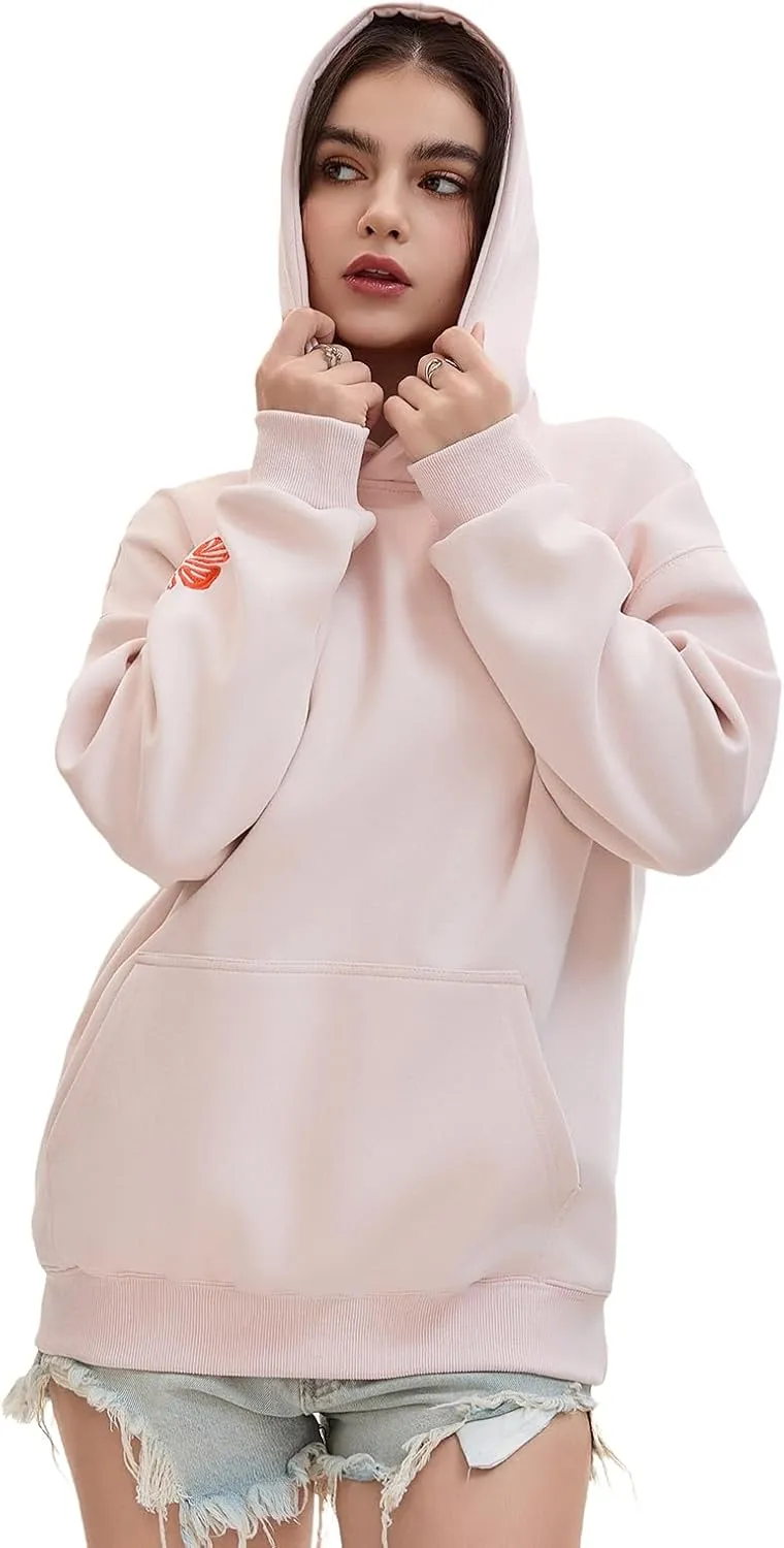 Pink Puff Hoodies,Embroidery Hibiscus Hoodies For Teen Girls Oversized Cute Sweatshirt Pink Graphic