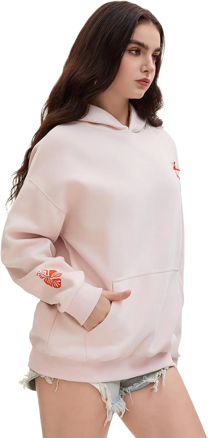 Pink Puff Hoodies,Embroidery Hibiscus Hoodies For Teen Girls Oversized Cute Sweatshirt Pink Graphic