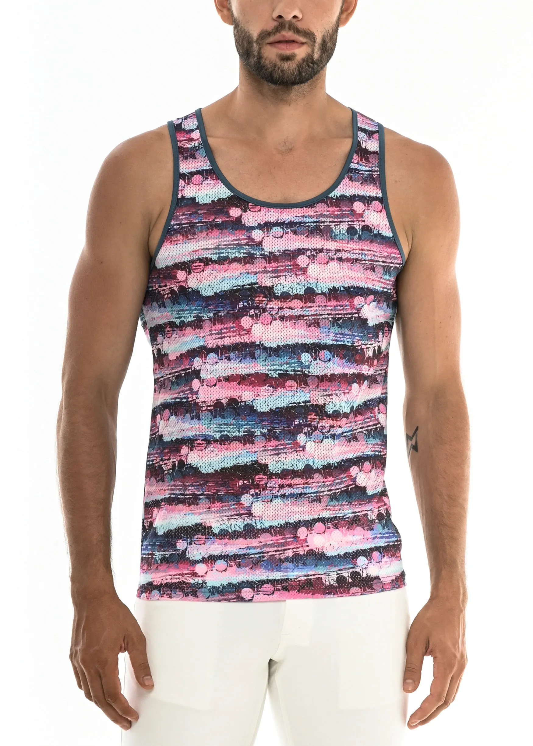 PINK/WINE DOTS ABSTRACT MESH TANK TOP ST-11060- Final Sale