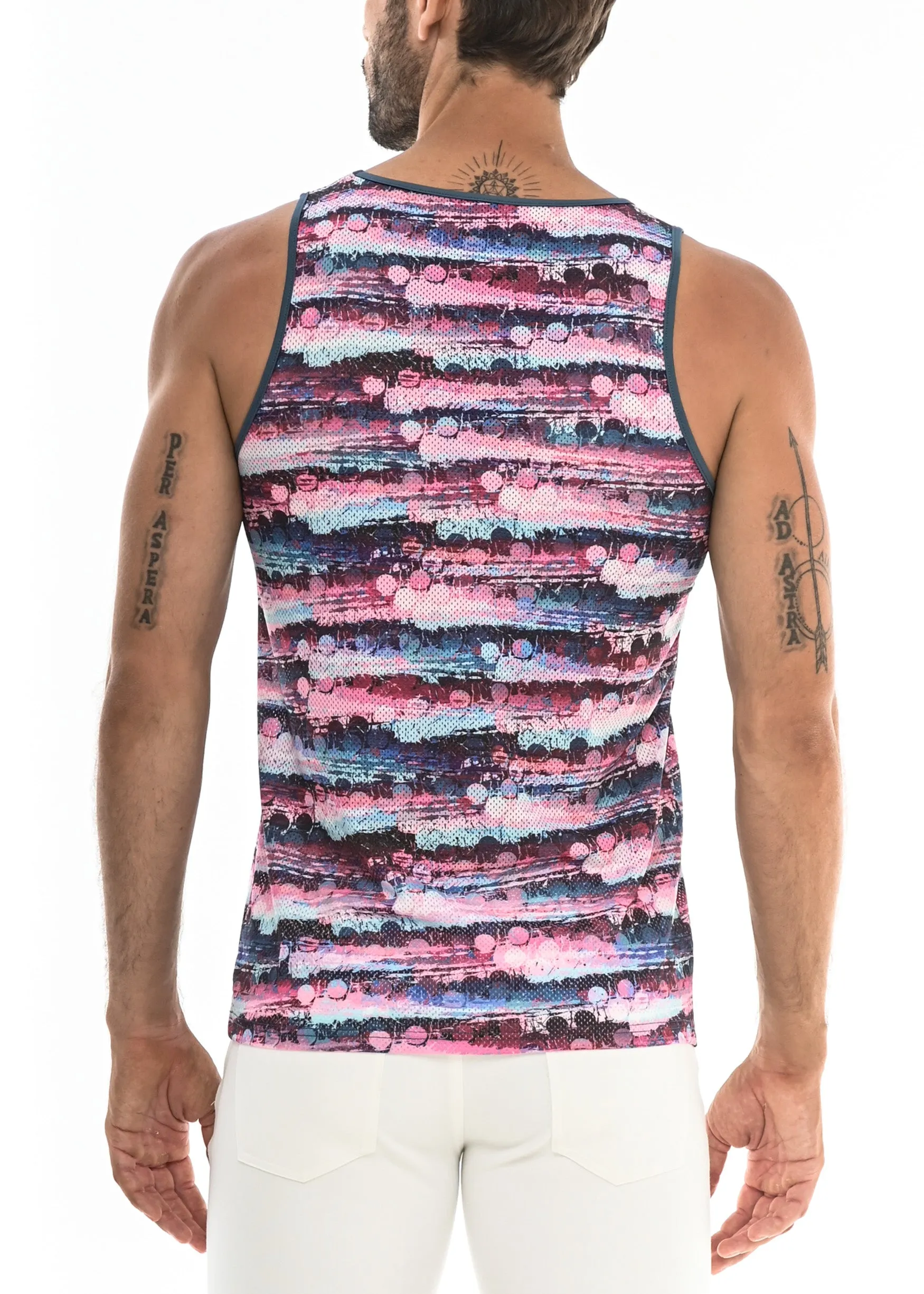PINK/WINE DOTS ABSTRACT MESH TANK TOP ST-11060- Final Sale