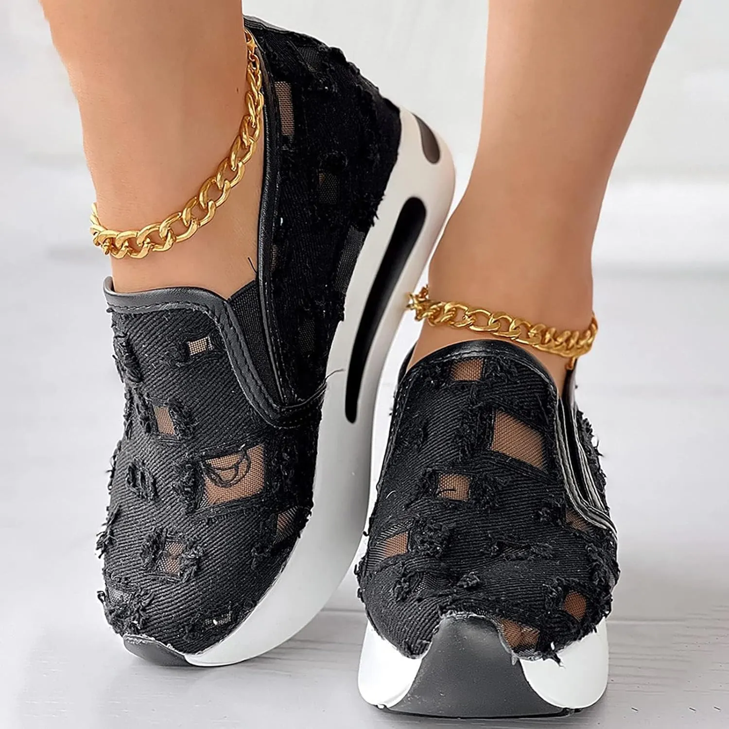 Platform Wedge Sneakers for Women Floral Embroidery Breathable Sheer Mesh Lace Sneakers Mesh Air Comfort Chunky Sole Hidden High Heels Slip On Loafers Dressy Casual Walking Shoes