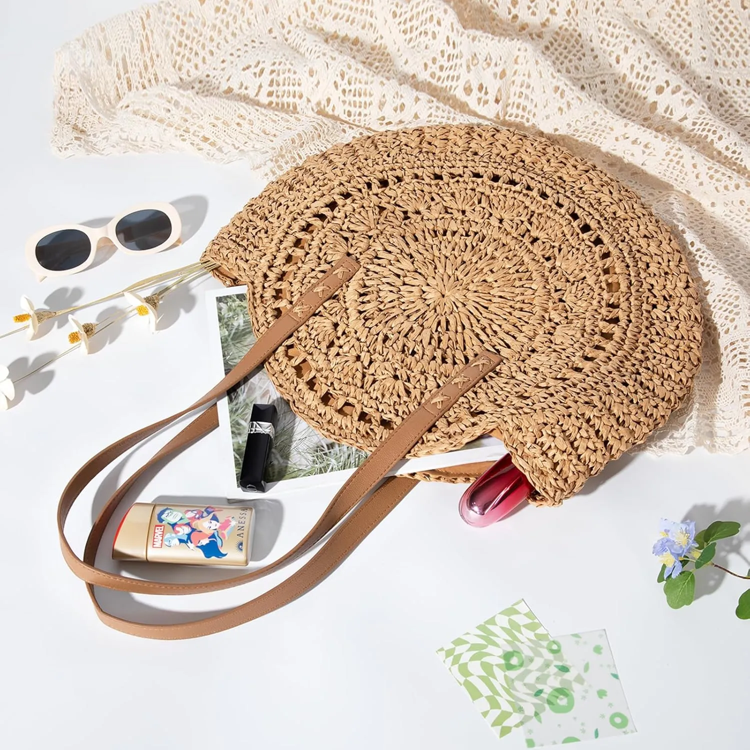 Pleneal Straw Beach Bags for Women - Women Beach Handmade Woven Tote Bag, Summer Mesh Hollow Shoulder Bag for Holiday
