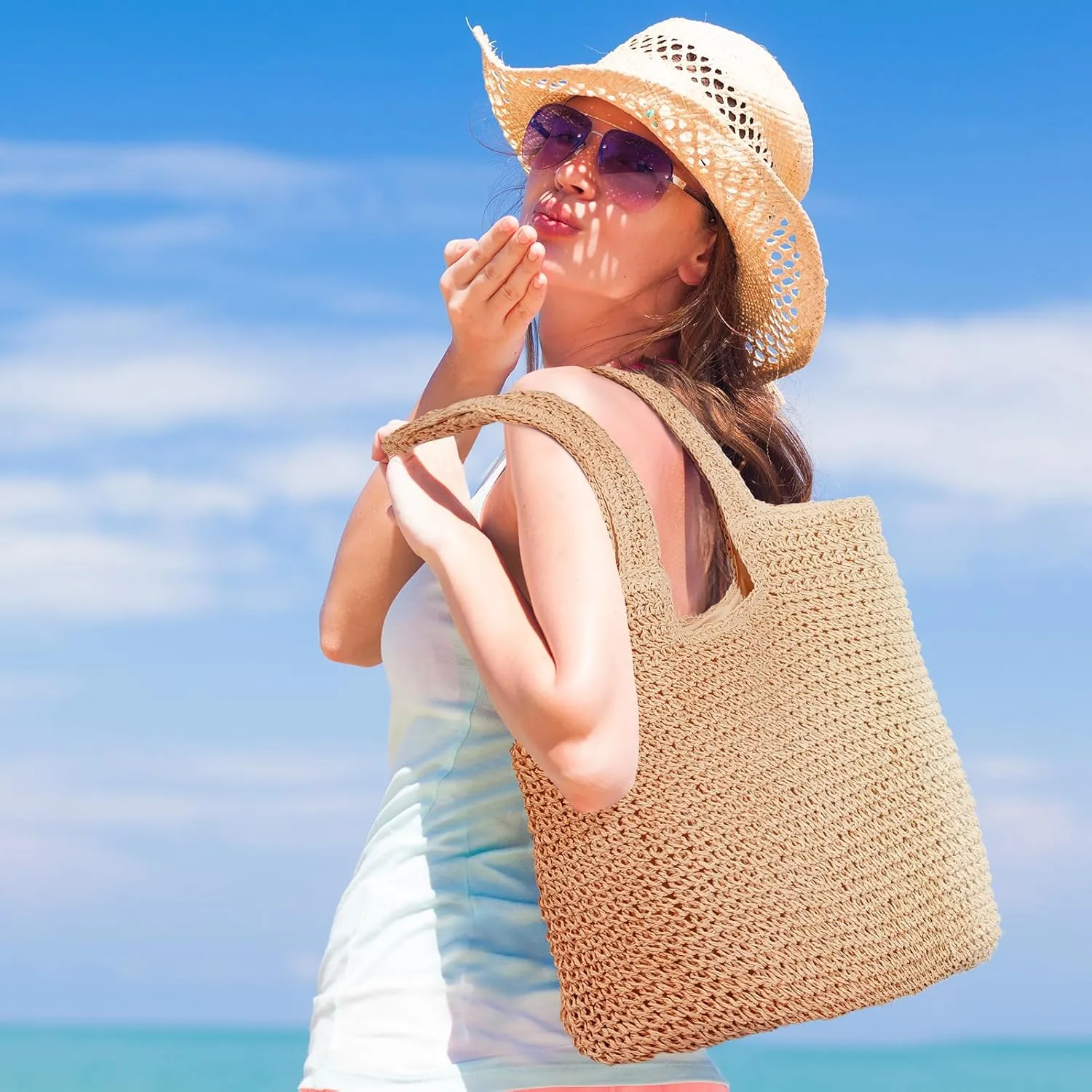 Pleneal Straw Beach Bags for Women - Women Beach Handmade Woven Tote Bag, Summer Mesh Hollow Shoulder Bag for Holiday