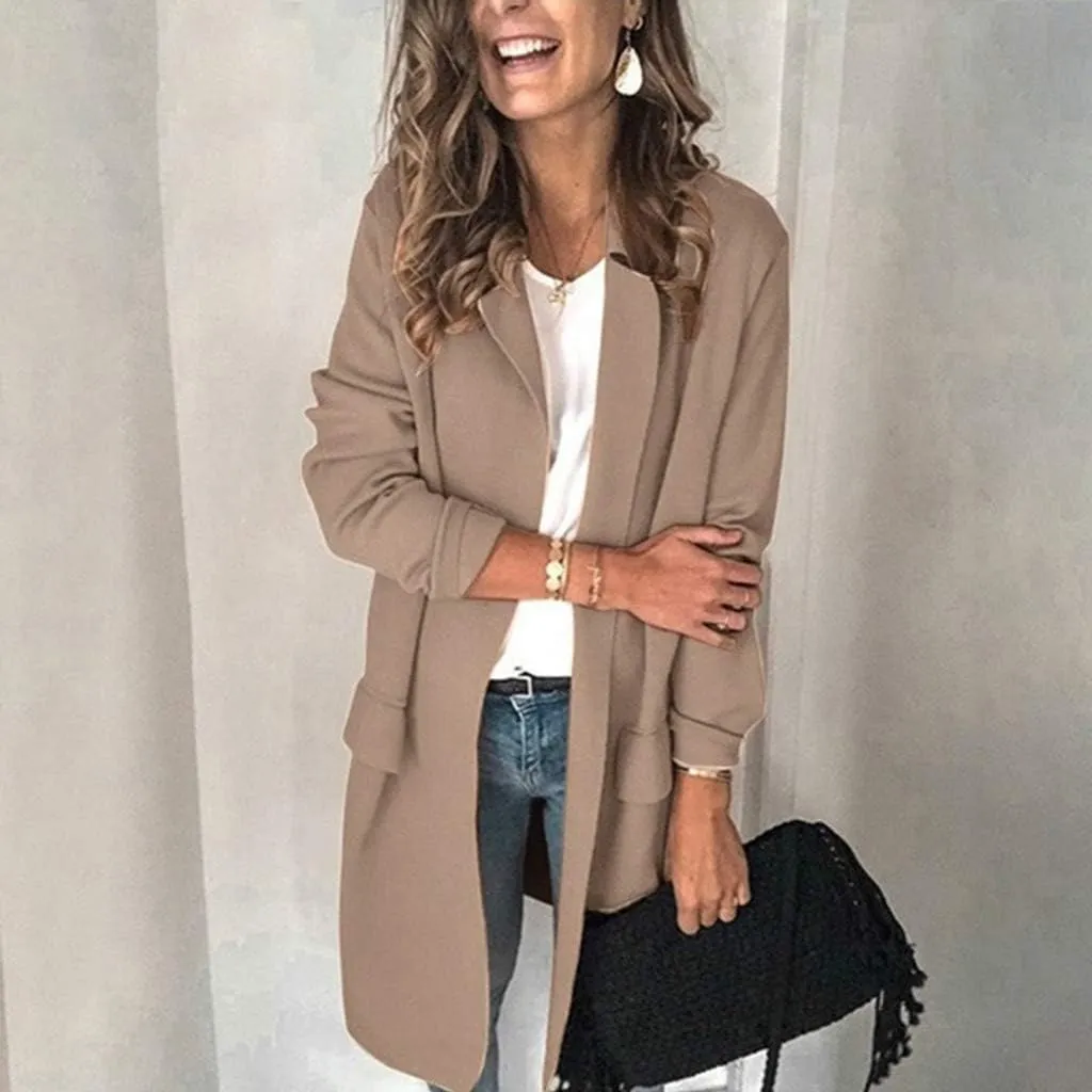 Plus Size Blazers Long Open Front Work Office Stretchy Suit Jackets Cardigans Coats