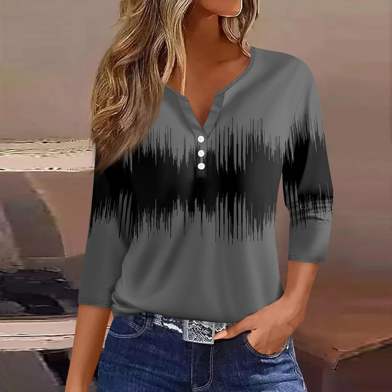 Plus Size Tops for Women 3/4 Sleeve Button Down Tunic Cute Flower Print T Shirts Fashion Fitted Tees