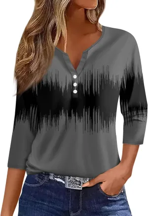 Plus Size Tops for Women 3/4 Sleeve Button Down Tunic Cute Flower Print T Shirts Fashion Fitted Tees